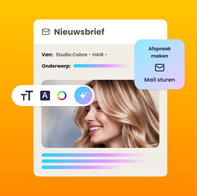 Illustratie van een nieuwsbrief met teksteditor en button om afspraken te maken op een oranje achtergrond.