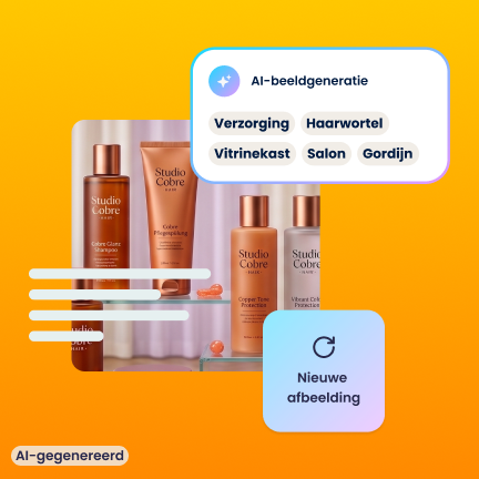 Illustratie van een AI afbeeldingengenerator met keywords en button op een oranje achtergrond.