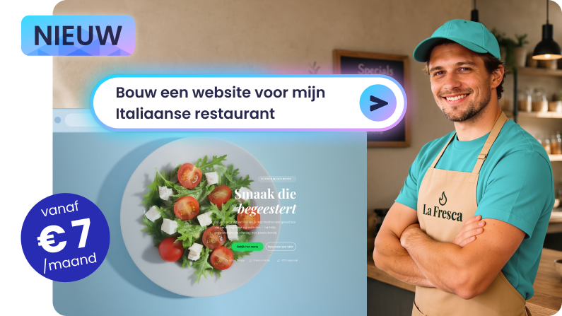 Trotse restauranteigenaar met zijn website, gemaakt met de AI app- & sitebuilder