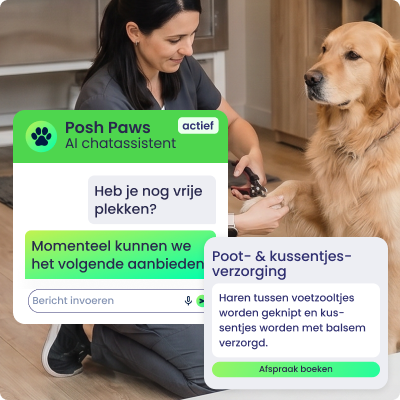 Medewerker verzorgt de nagels van een hond, met chatvenster en klantvraag in beeld