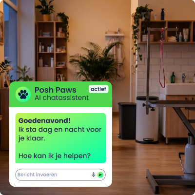 Gesloten hondensalon, met chatvenster in beeld