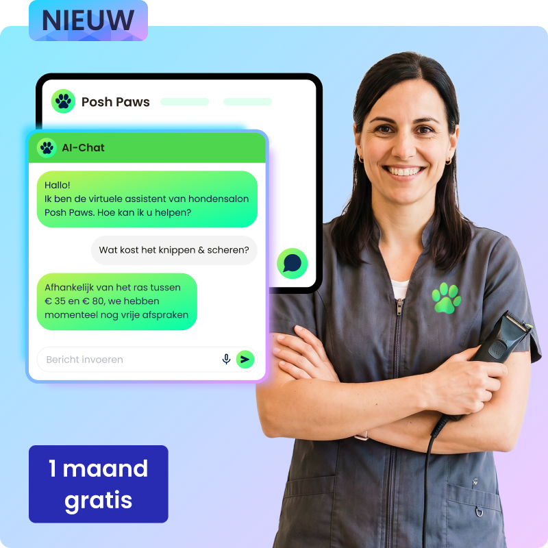 Medewerkster van een hondensalon, met een ingeschakeld chatvenster