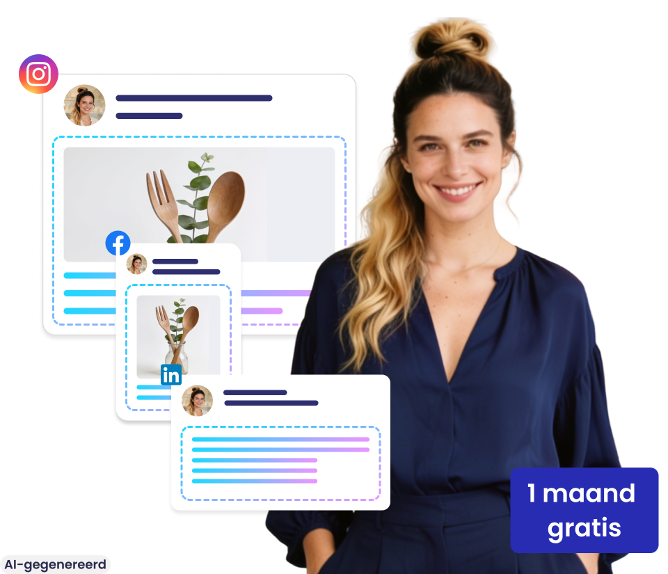 Jonge vrouw toont meerdere social media-posts op verschillende platforms