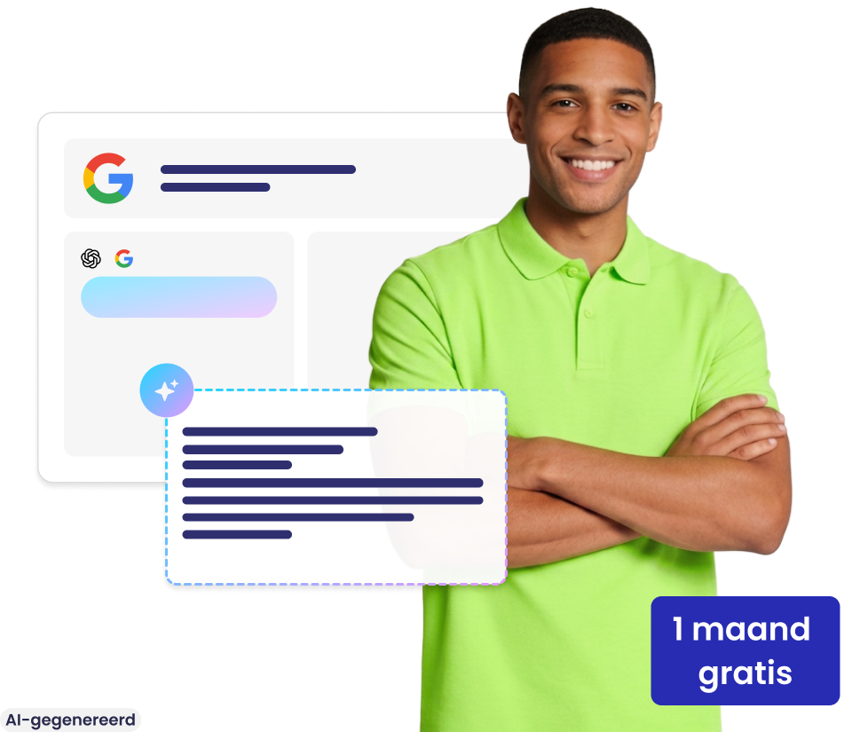 Lachende jongeman naast een Google-zoekopdracht en een AI-tekstveld