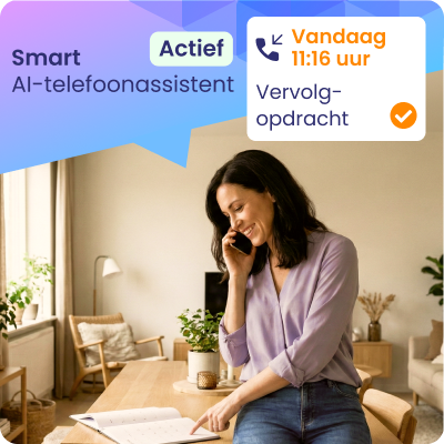 Vrouw die telefonisch een afspraak maakt, een kader dat aangeeft dat het gesprek plaatsvindt met de AI-telefoonassistent.