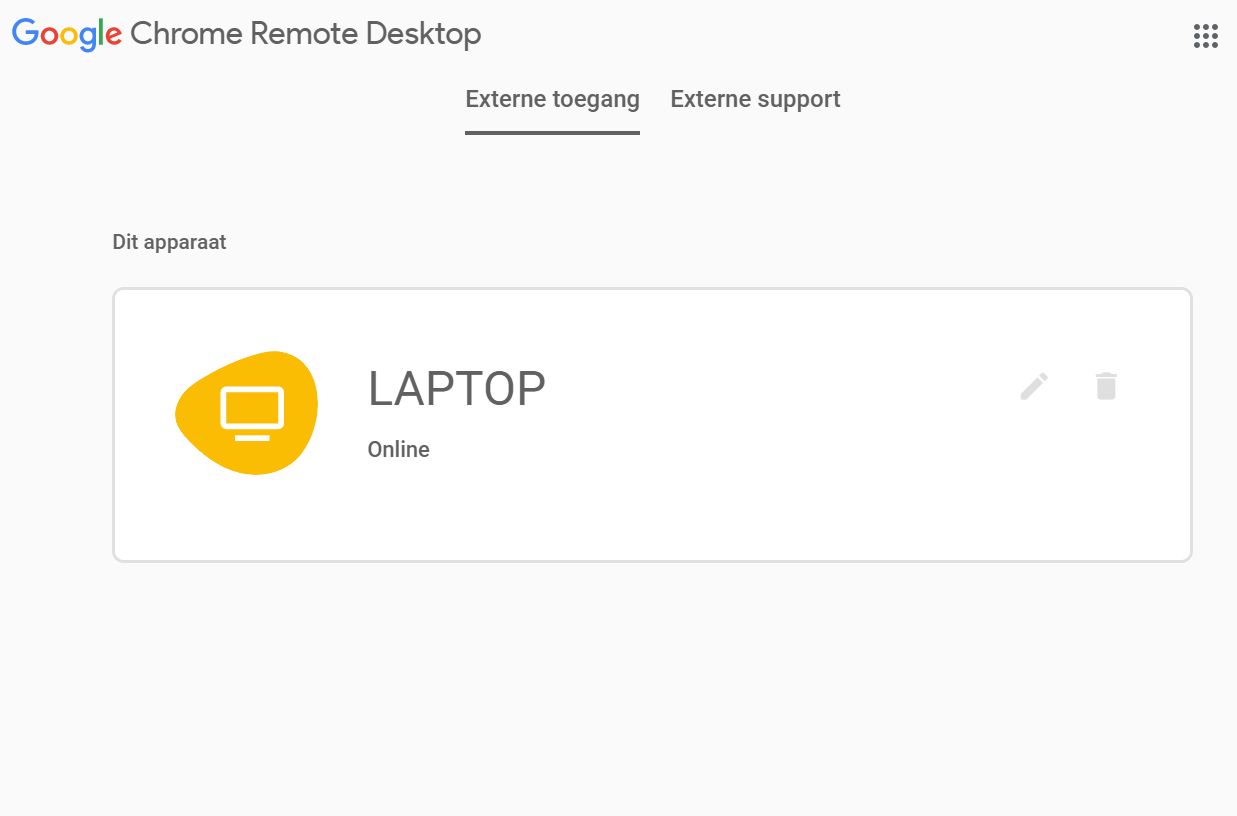 Screenshot van de software Chrome Remote Desktop