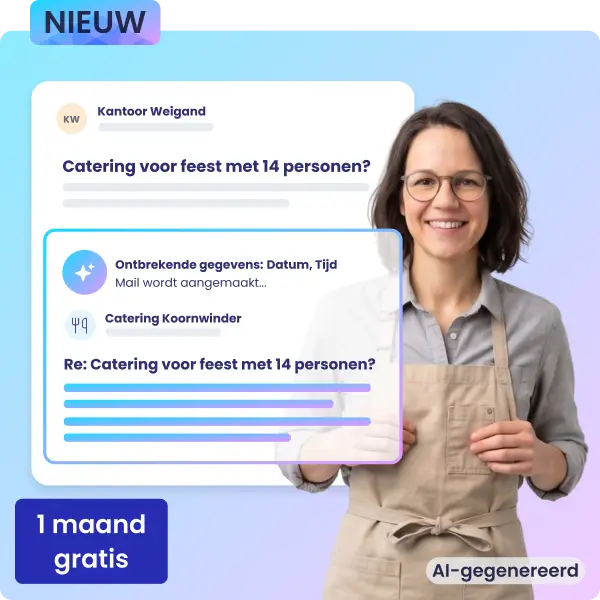 Blije eigenaar van een cateringbedrijf en een e-mail, die van AI afgehandelt is