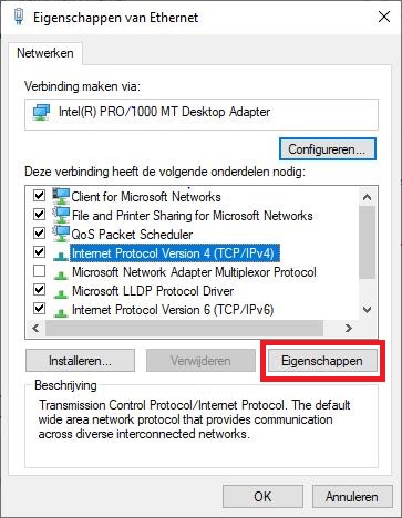 Standaardselectie van de netwerkdiensten