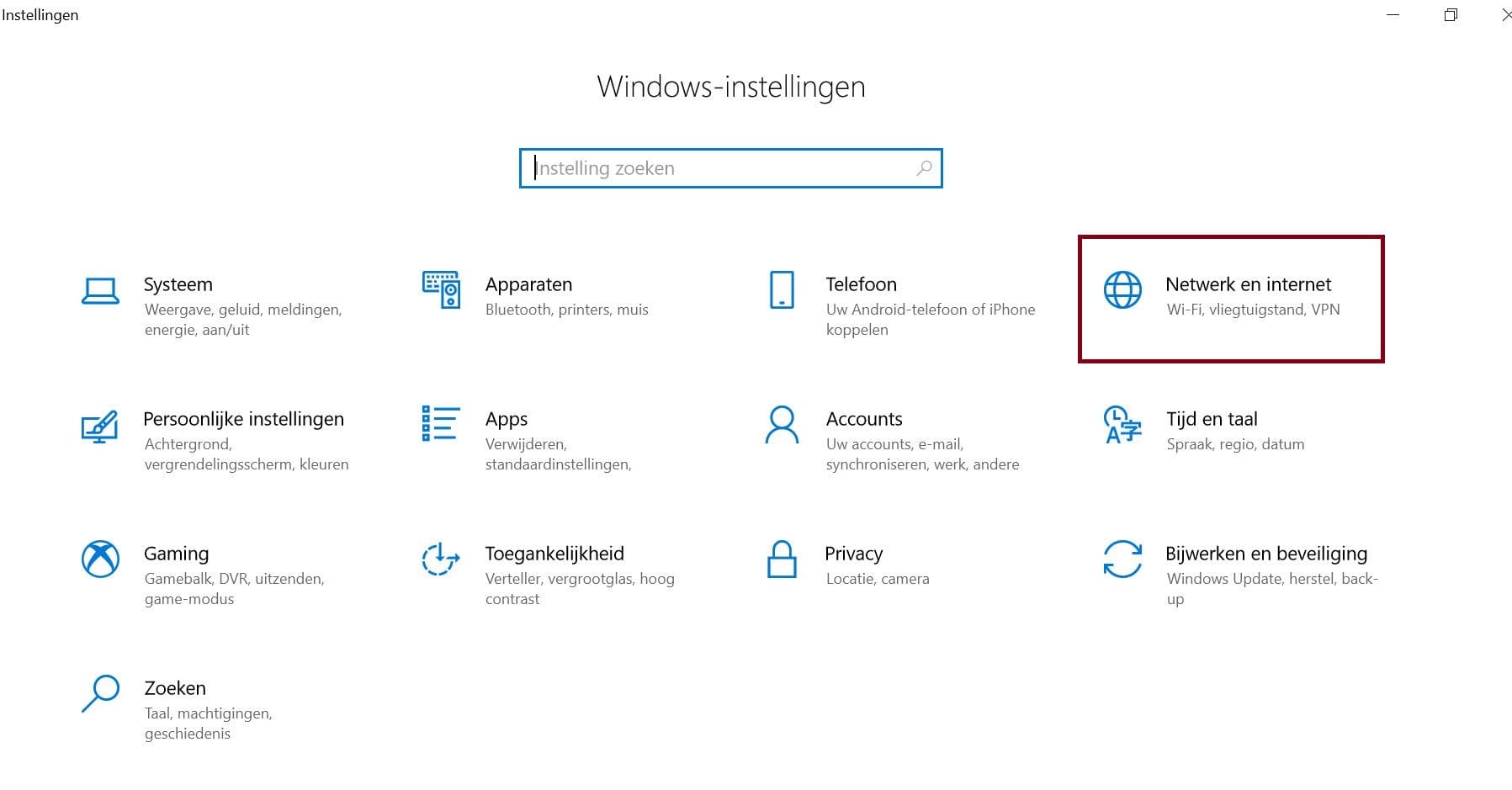 overzicht van alle beschikbare instellingscategorieën