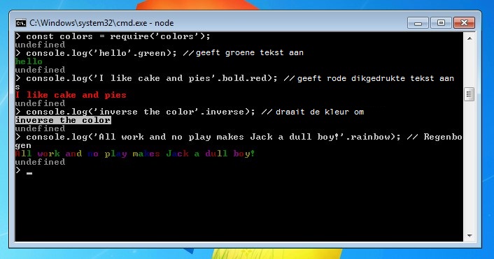 Node.js-tutorial codevoorbeeld colors-module