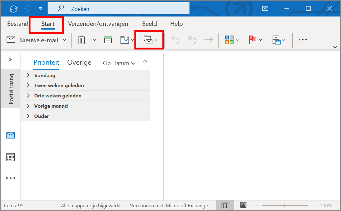 De menubalk van Microsoft Outlook 2016 voor Windows