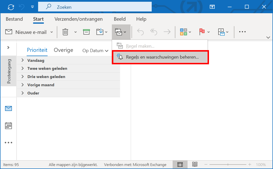 De menubalk van Microsoft Outlook 2016: het menu ‘Regels’