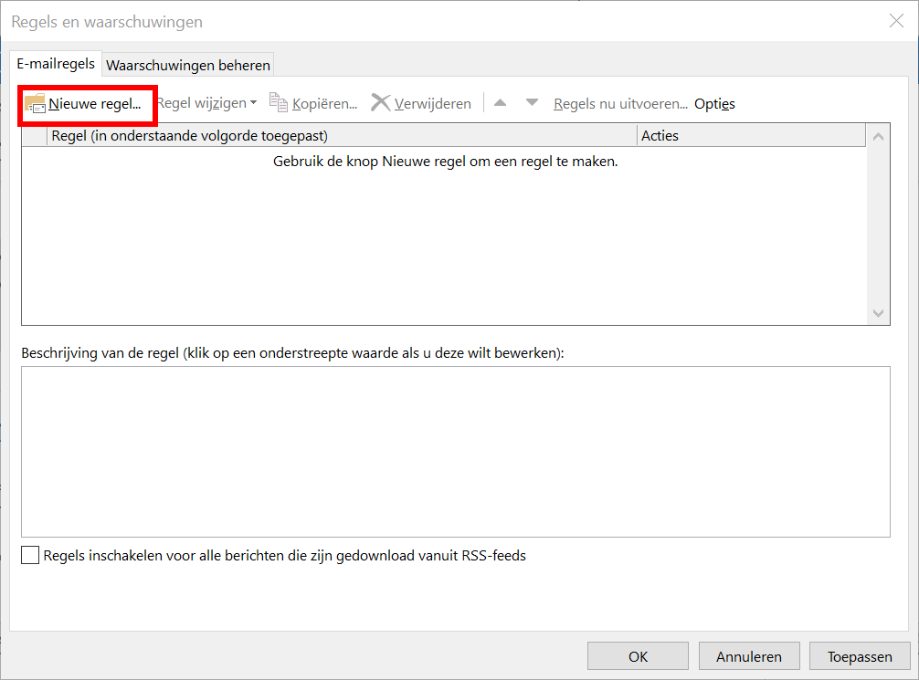 Microsoft Outlook 2016: dialoogvenster ‘Regels en waarschuwingen’