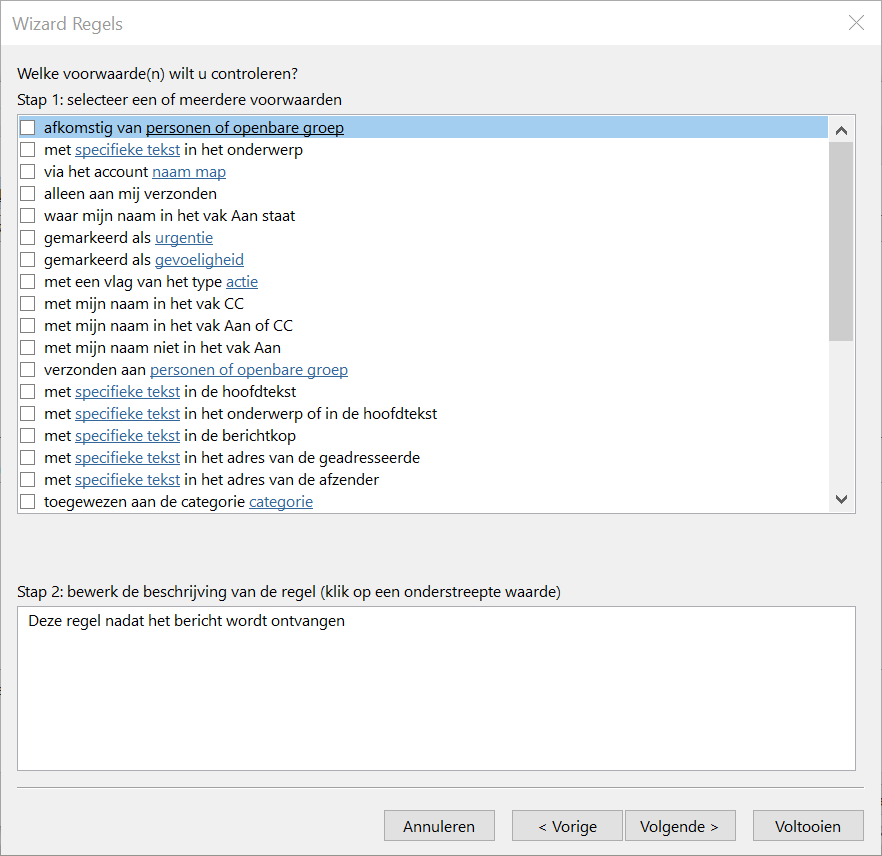 Microsoft Outlook 2016: de regelwizard – voorwaarden voor inkomende berichten