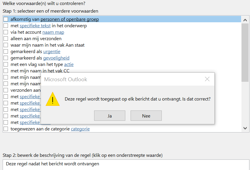 Microsoft Outlook 2016: de regelwizard – voorwaarden voor inkomende berichten