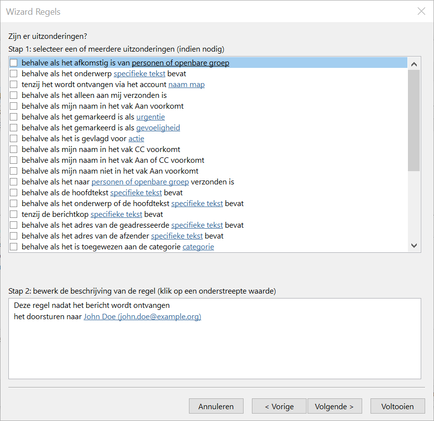 Microsoft Outlook 2016: de regelwizard – uitzonderingen