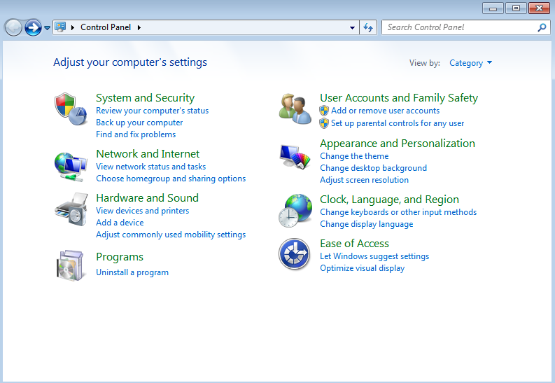 Configuratiescherm van Windows 7