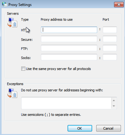 Geavanceerde proxyserver-instellingen van Windows 7