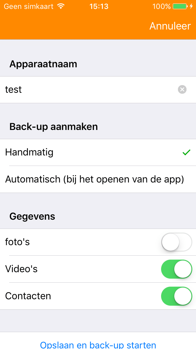 Apparaatback-up voor HiDrive: iOS instellingen