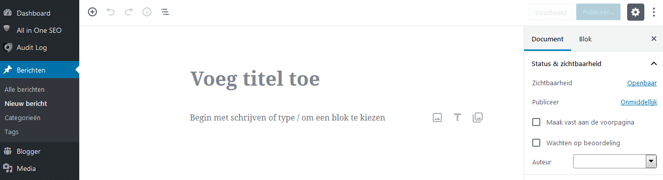 Zo ziet de nieuwe WordPress editor er uit zonder inhoud.