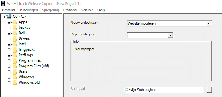 Nieuw project aanmaken in HTTrack