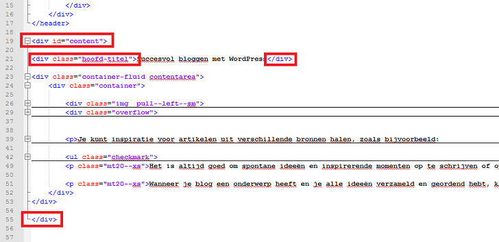 HTML-codevoorbeeld voor tags die de titel en de content definiëren.