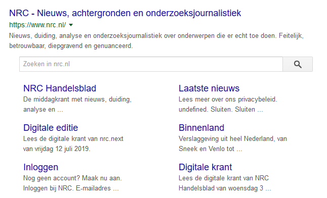 Zoekfunctie en sitelinks in de zoekresultaten