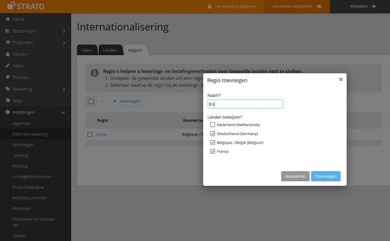 STRATO Webshop Now: Onder menupunt 'internationalisering' in de STRATO webshop kun je je eigen regio's toevoegen