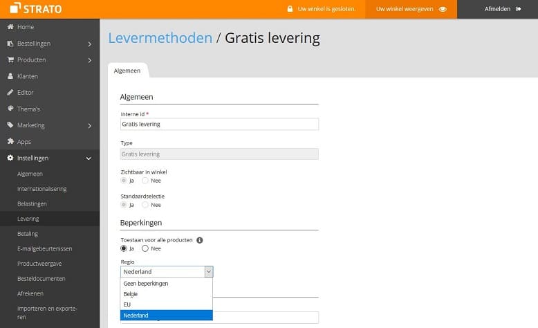 STRATO Webshop Now:  instellingen gratis levering voor Nederland 