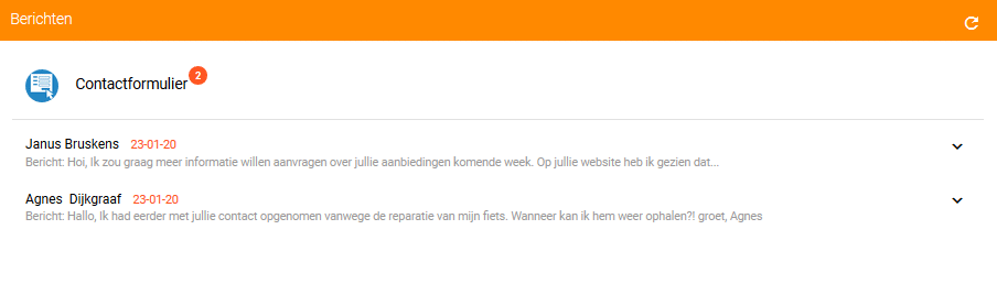 Recente berichten via het contactformulier op het Sitebuilder dashboard