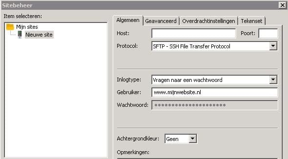 In Filezilla kies je het protocol SFTP om je wachtwoord te versleutelen.
