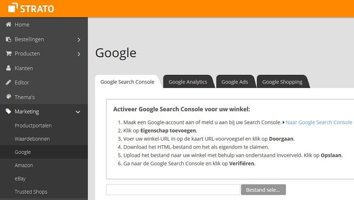 Screenshot STRATO webshop Now: Google Search Console instellen