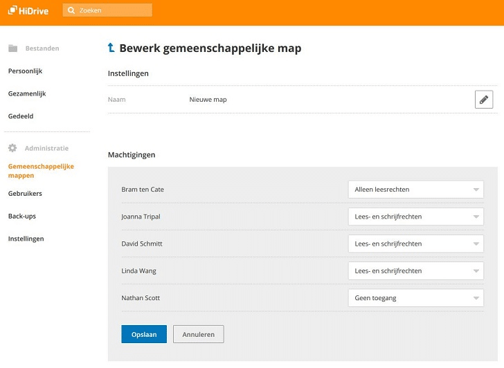HiDrive Gemeenschappelijke mappen: gebruikersrechten verlenen