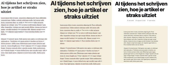 Gutenberg tweaken: live-preview in de WordPress backend. Ter vergelijking (van links): de oorspronkelijke backend, aangepast en in frontend-design. 