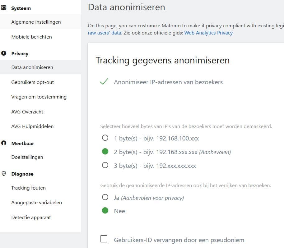 Matomo: trackinggegevens anonimiseren en andere instellingen