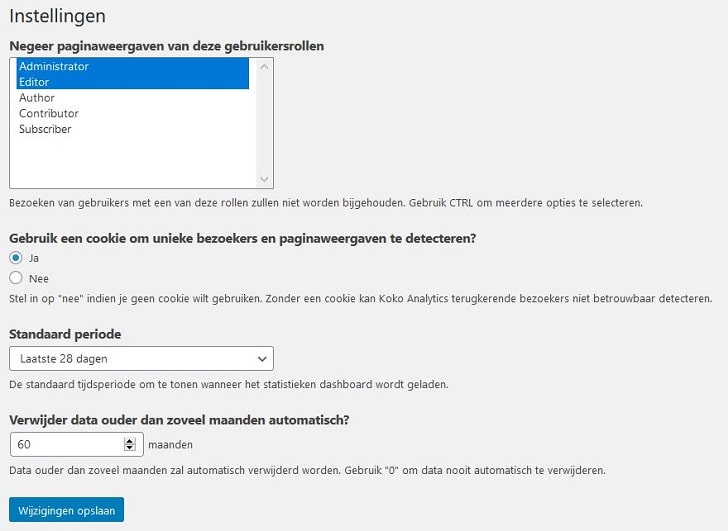 De instellingen van Koko Analytics  