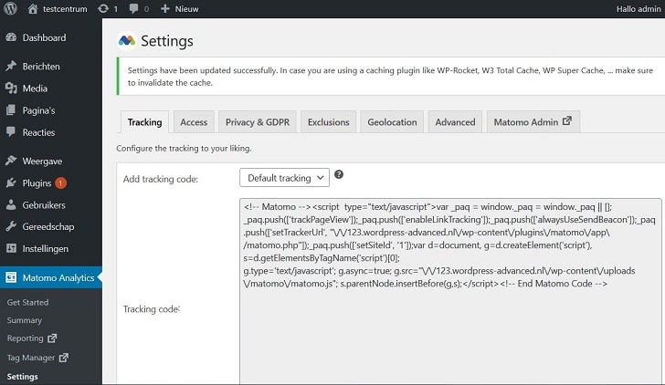 Matomo: instellingen in het backend van WordPress
