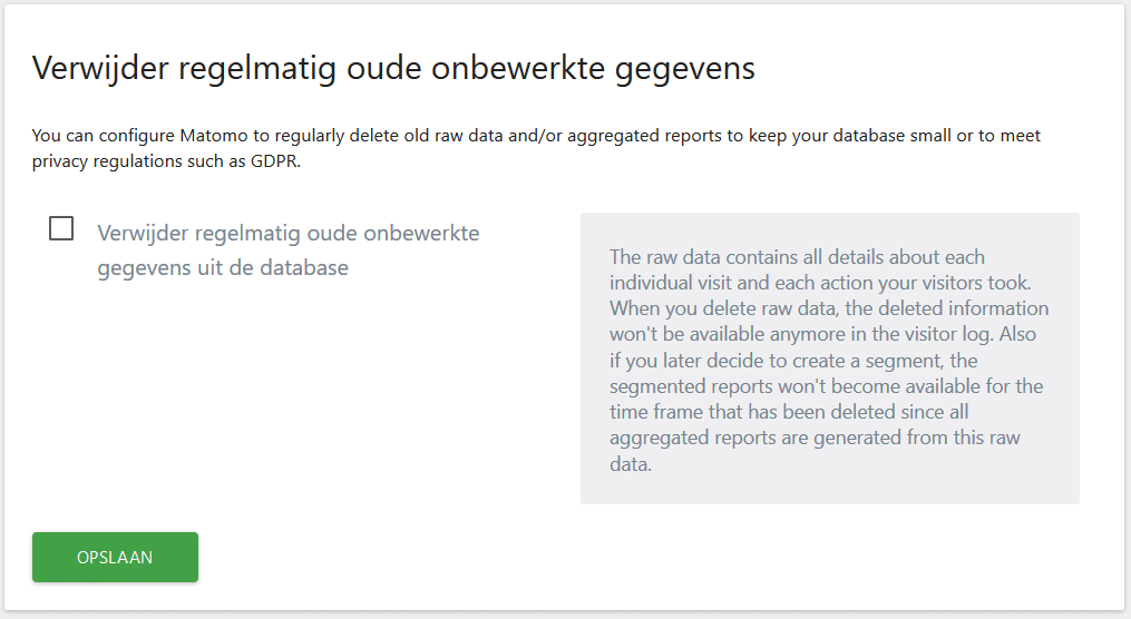 Matomo: regelmatig ruwe data verwijderen uit de database