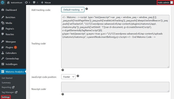 Matomo: admin-interface in de WordPress-backend