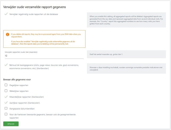 Matomo: oude rapportgegevens verwijderen