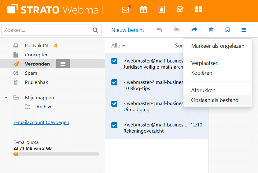 STRATO Webmail: kies 'opslaan als bestand' om mails uit je postvak lokaal op te slaan.