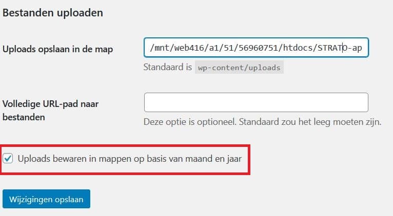 Instellingen van de mediabibliotheek: uploads bewaren in mappen op basis van maand en jaar