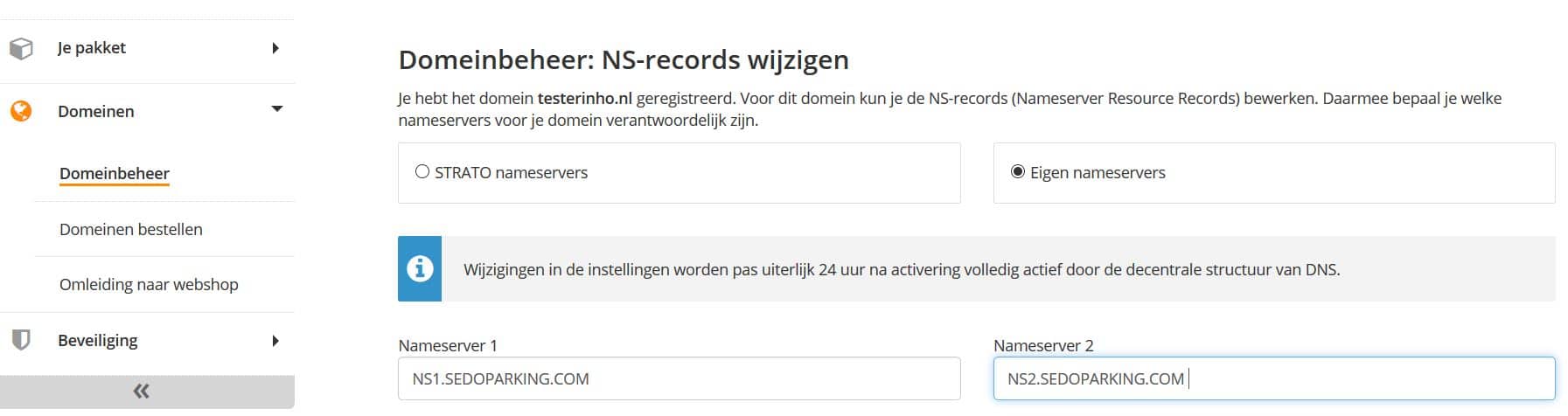 STRATO klantenlogin: wijzig de nameservers om het domein door te sturen naar sedo ter verificatie.