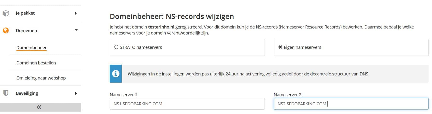 STRATO klantenlogin: wijzig de nameservers om het domein door te sturen naar sedo ter verificatie. 