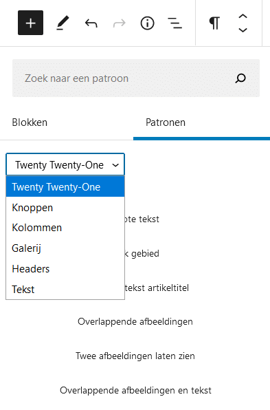 WordPress 5.6.: blokken en patronen uitkiezen