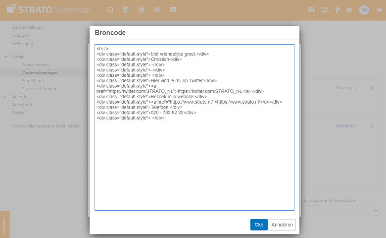 Met de broncode-editor van Webmail kun je de handtekening vrij ontwerpen via HTML-code.