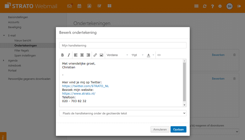 E-mailhandtekening instellen in STRATO Webmail