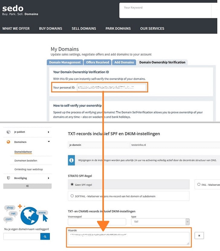 STRATO klantenlogin: voer je sedo-ID in de TXT-records van het STRATO domeinbeheer in. 