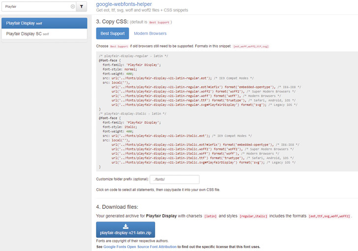 Google Webfont Helper: Download de fontbestanden en kopieer de CSS-code voor het integreren.