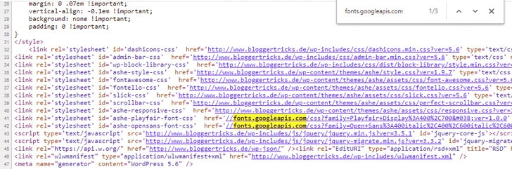 Zoek in de broncode naar geladen Google Fonts.